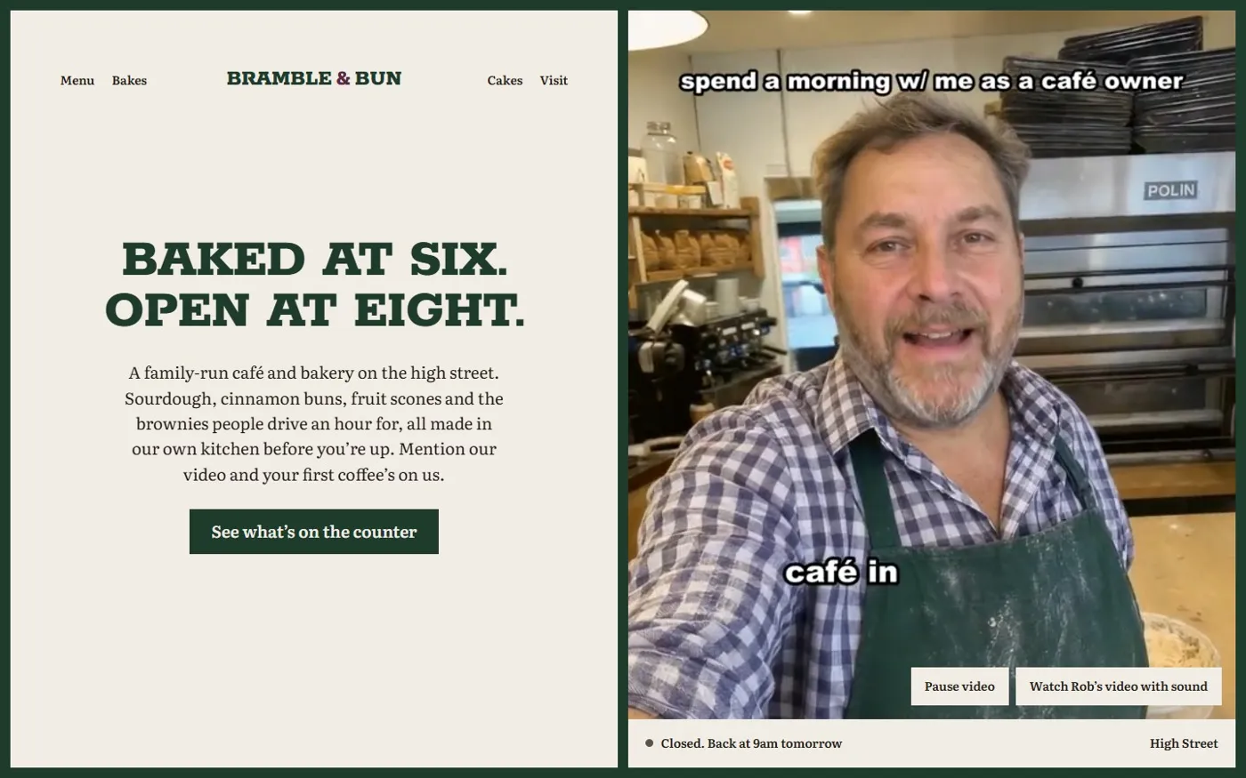 The Bramble & Bun café homepage: 'Baked at six. Open at eight.' beside the café's video ad