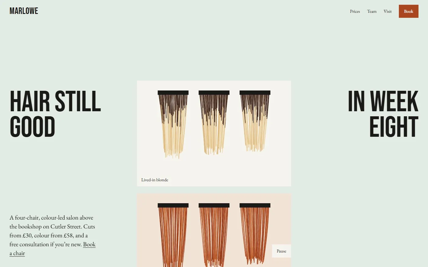 The Marlowe Hair Studio homepage: 'Hair still good in week eight' with drawn hair-colour swatches
