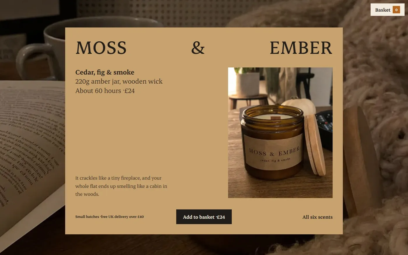 The Moss & Ember shop homepage, designed like the candle's kraft label