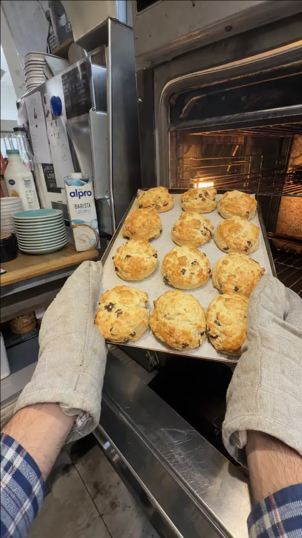 A tray of golden fruit scones coming out of the oven