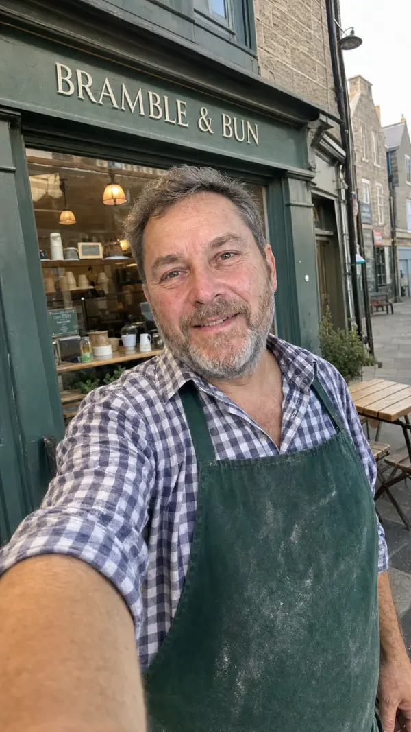 Rob, the owner, in his flour-dusted green apron outside the green Bramble & Bun shopfront