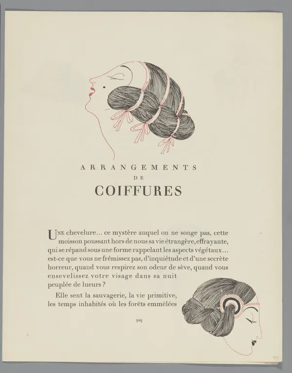 1922 magazine page titled Arrangements de coiffures, with drawings of two pinned-up hairstyles