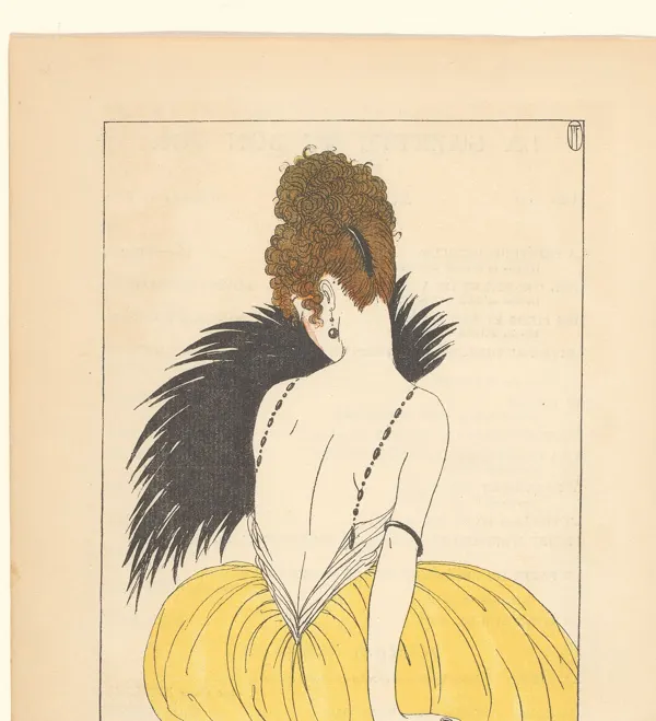 1920 fashion plate: a woman seen from behind with a high copper updo