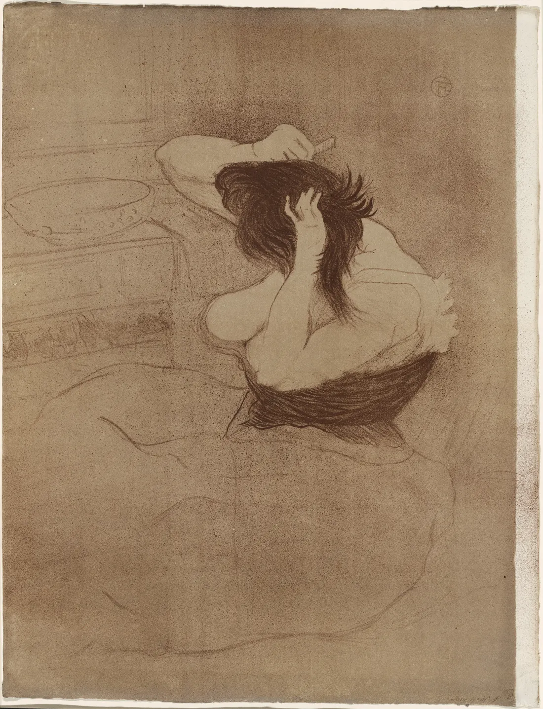Toulouse-Lautrec lithograph of a woman combing her long brown hair